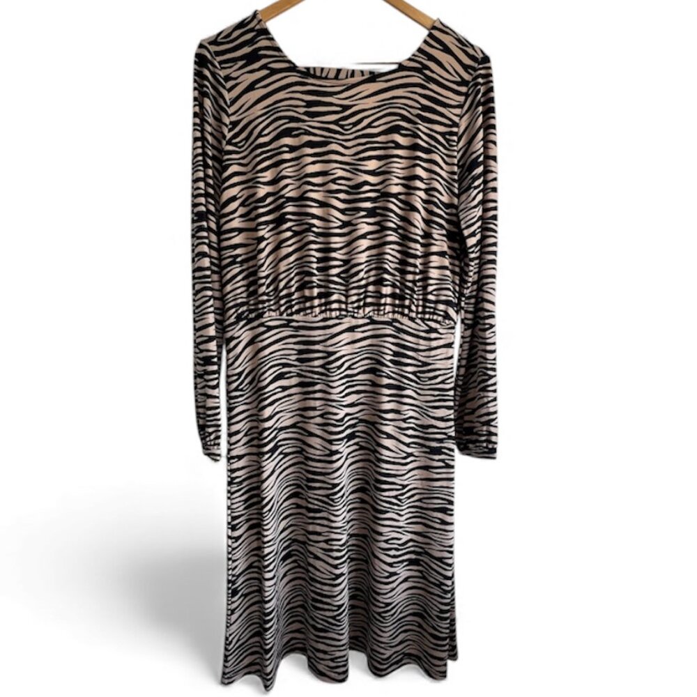 LOFT Animal Print Black and Tan Long Sleeve Midi Dress Size 6